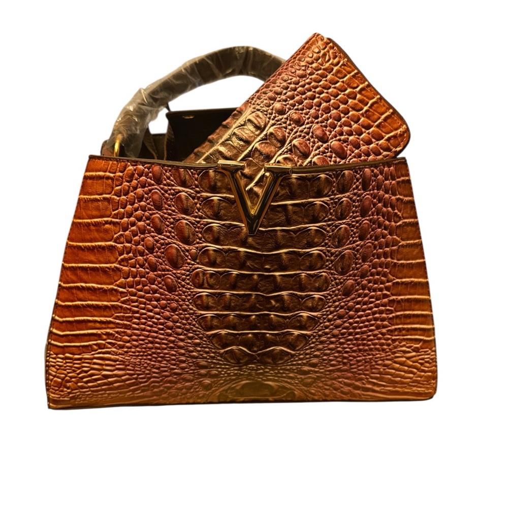 Luxurious Brown Crocodile Pattern Satchel